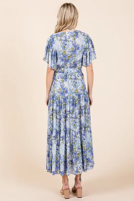 Dusty Blue Floral Tie Waist Flutter Sleeve Tiered Dress