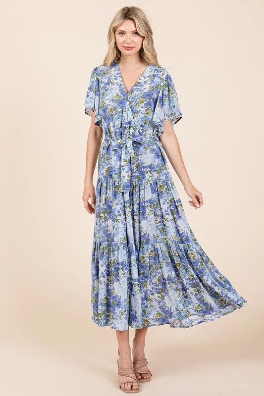 Dusty Blue Floral Tie Waist Flutter Sleeve Tiered Dress