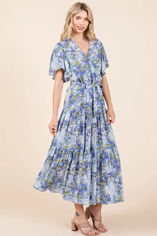 Dusty Blue Floral Tie Waist Flutter Sleeve Tiered Dress