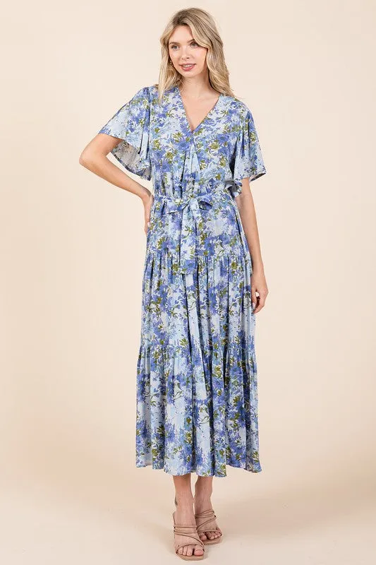 Dusty Blue Floral Tie Waist Flutter Sleeve Tiered Dress