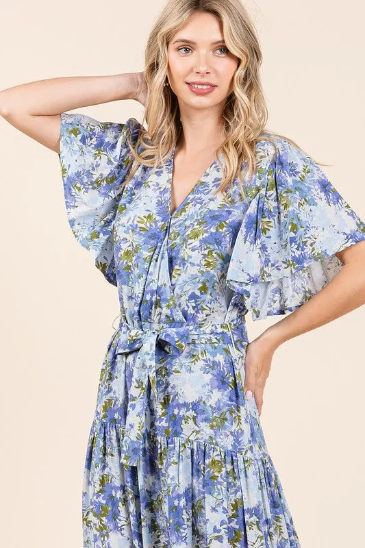 Dusty Blue Floral Tie Waist Flutter Sleeve Tiered Dress