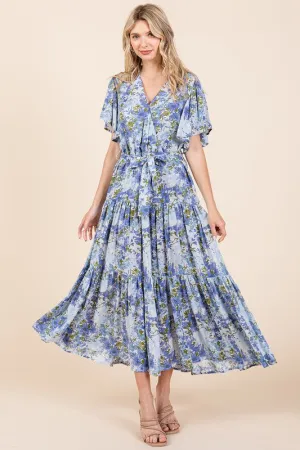 Dusty Blue Floral Tie Waist Flutter Sleeve Tiered Dress