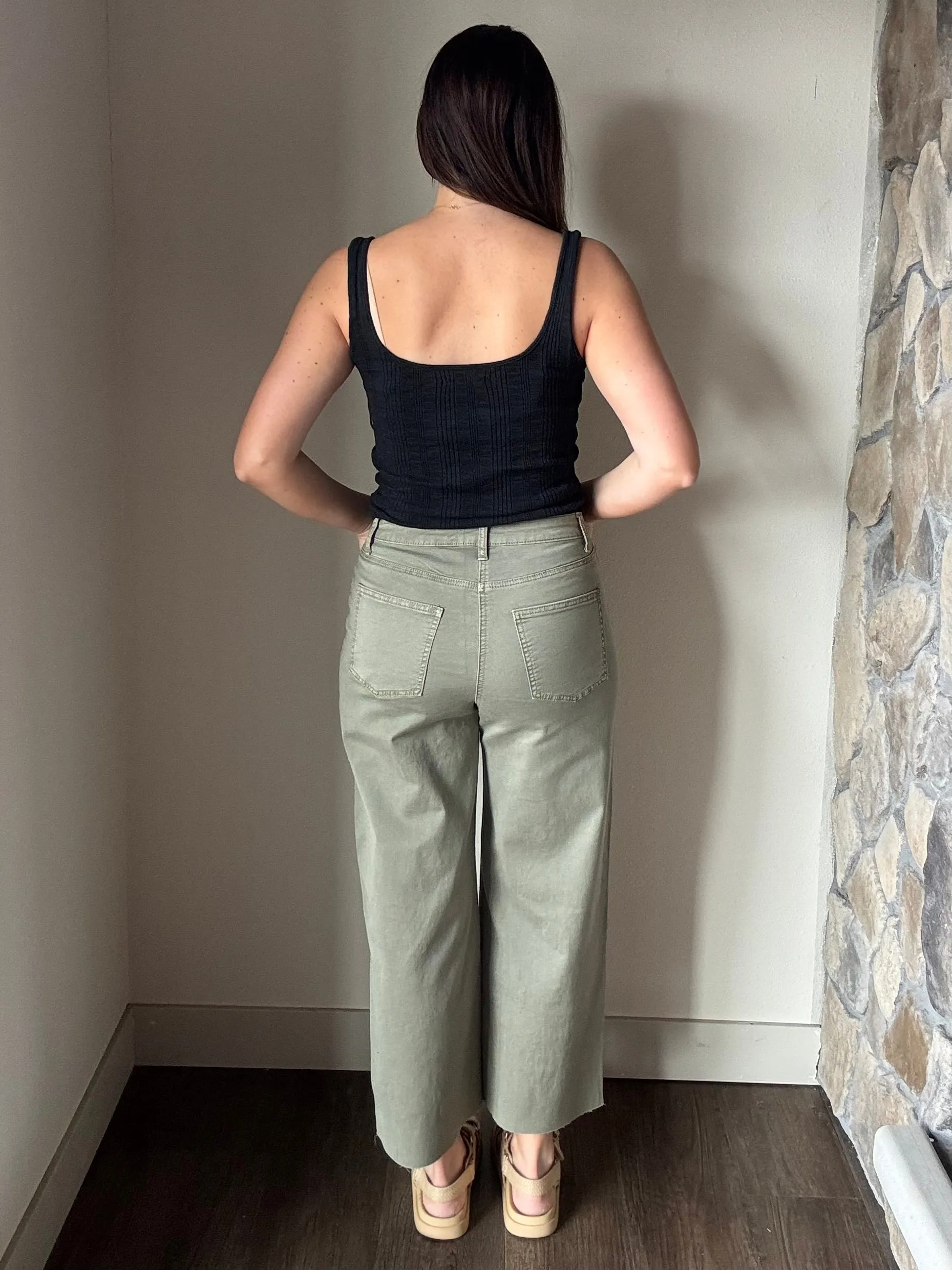 faded olive button fly wide leg