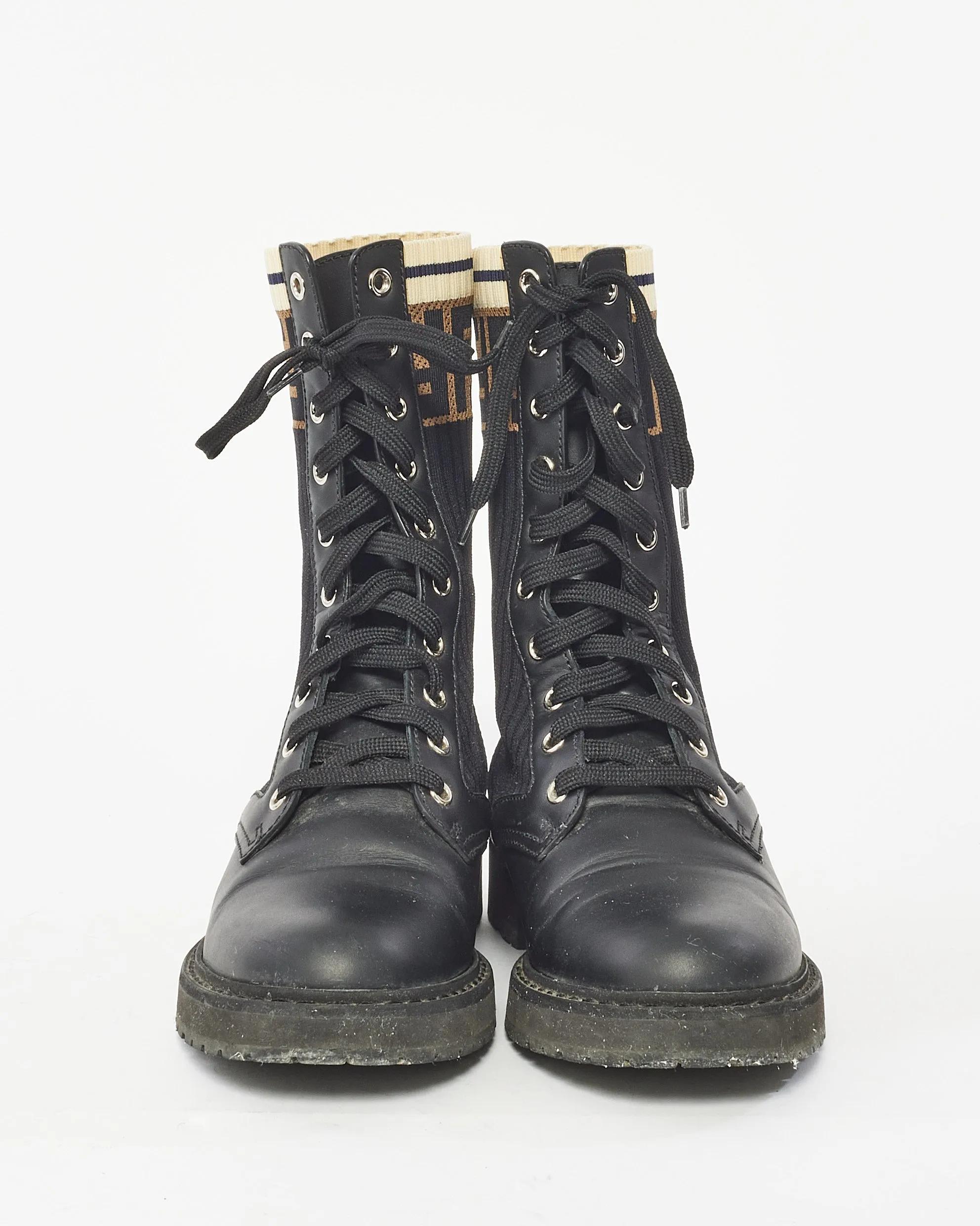 Fendi Black Leather & Fabric  Rokoko Combat Boots - 37