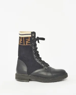 Fendi Black Leather & Fabric  Rokoko Combat Boots - 37