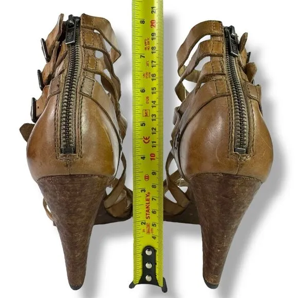 Frye Mika Strappy Cage Gladiator Sandals High Heels Open Toe Brown Leather 8 M