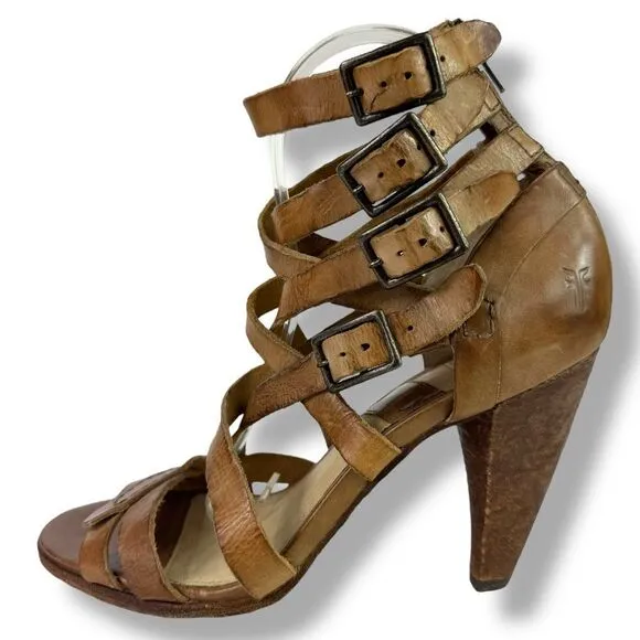 Frye Mika Strappy Cage Gladiator Sandals High Heels Open Toe Brown Leather 8 M