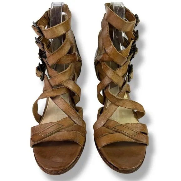 Frye Mika Strappy Cage Gladiator Sandals High Heels Open Toe Brown Leather 8 M