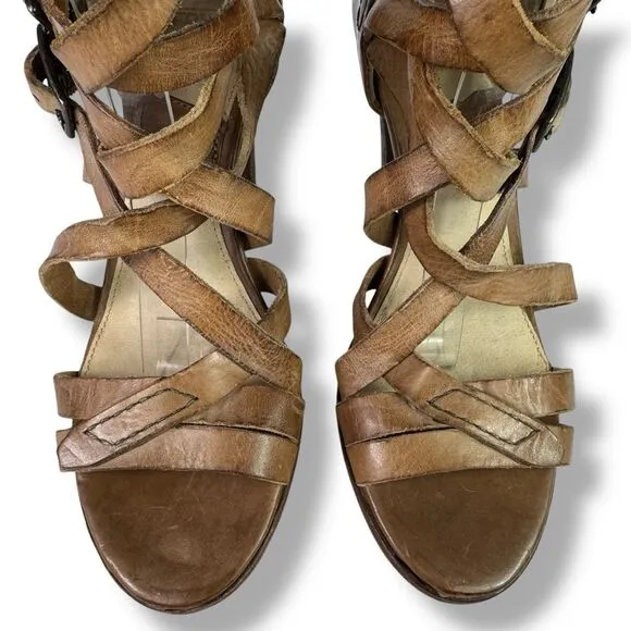 Frye Mika Strappy Cage Gladiator Sandals High Heels Open Toe Brown Leather 8 M