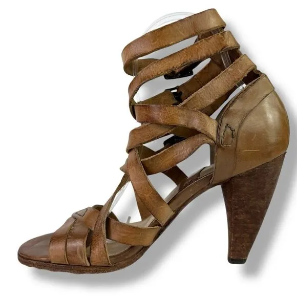 Frye Mika Strappy Cage Gladiator Sandals High Heels Open Toe Brown Leather 8 M