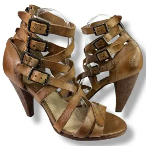 Frye Mika Strappy Cage Gladiator Sandals High Heels Open Toe Brown Leather 8 M