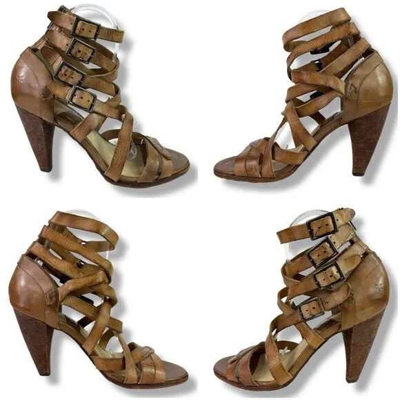 Frye Mika Strappy Cage Gladiator Sandals High Heels Open Toe Brown Leather 8 M