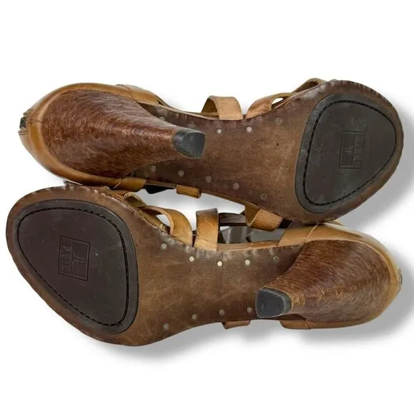 Frye Mika Strappy Cage Gladiator Sandals High Heels Open Toe Brown Leather 8 M