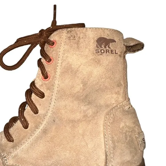 Girls Sorel Tan Suede Combat Style Boots Waterproof Tie Zip Side Size 2Y