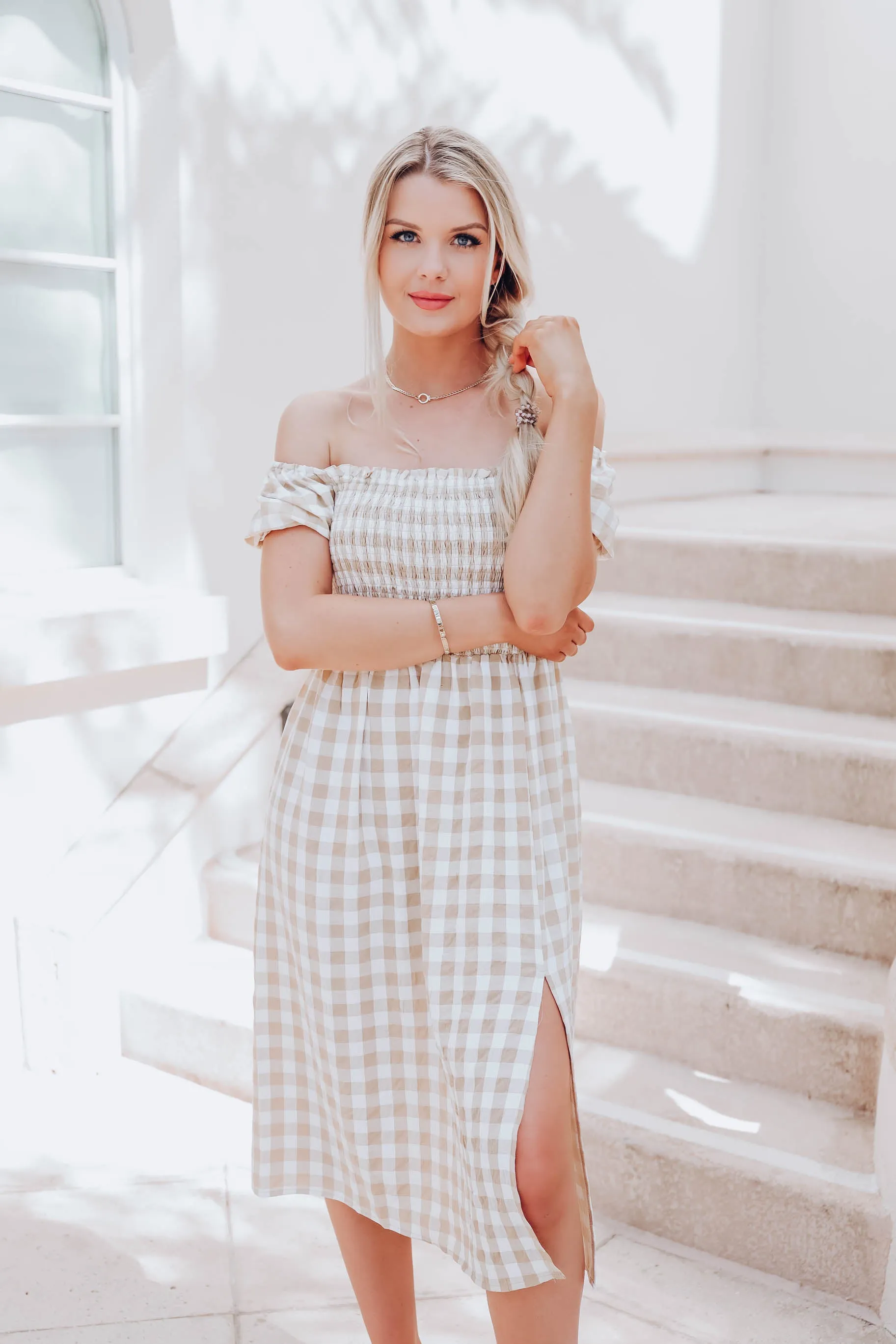 Girly Gingham Print Maxi Dress - Beige