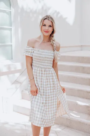 Girly Gingham Print Maxi Dress - Beige