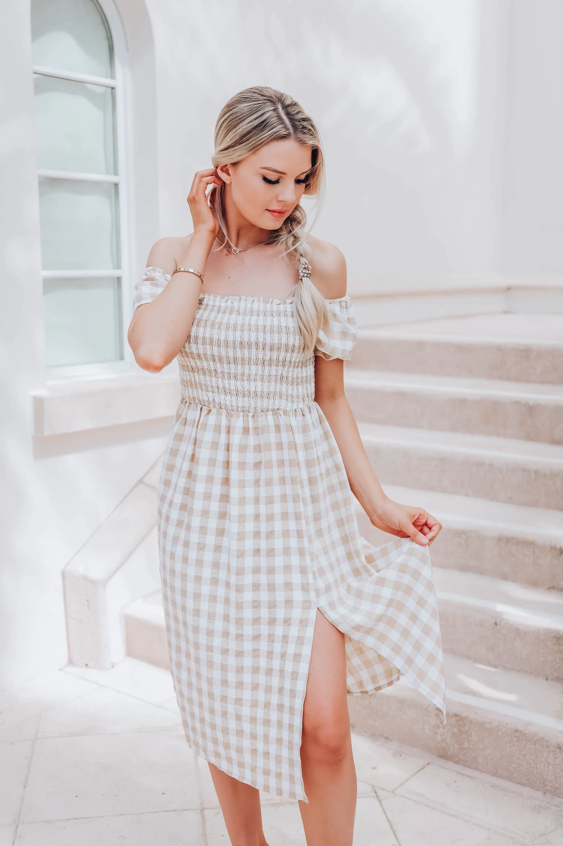 Girly Gingham Print Maxi Dress - Beige