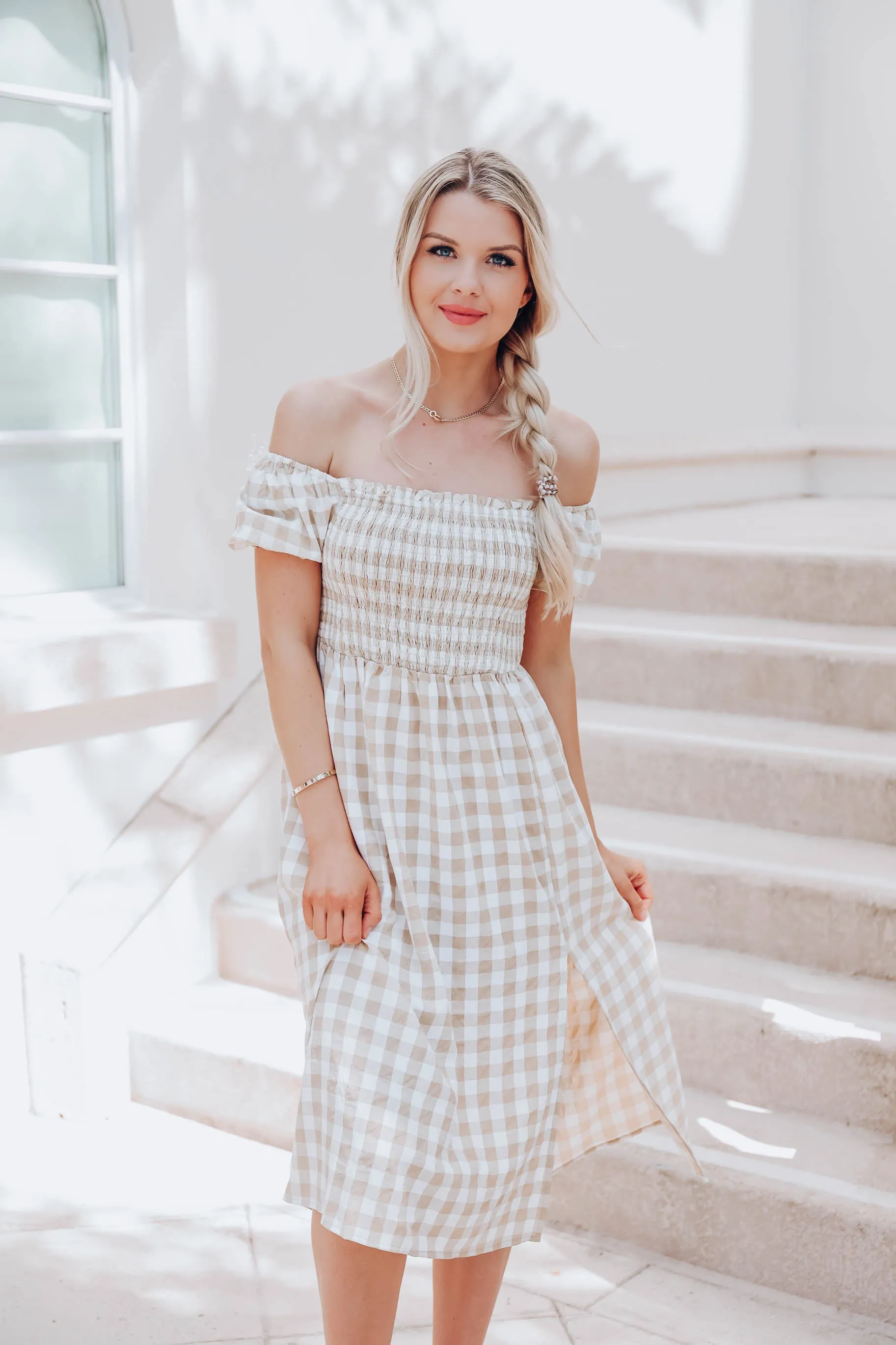 Girly Gingham Print Maxi Dress - Beige