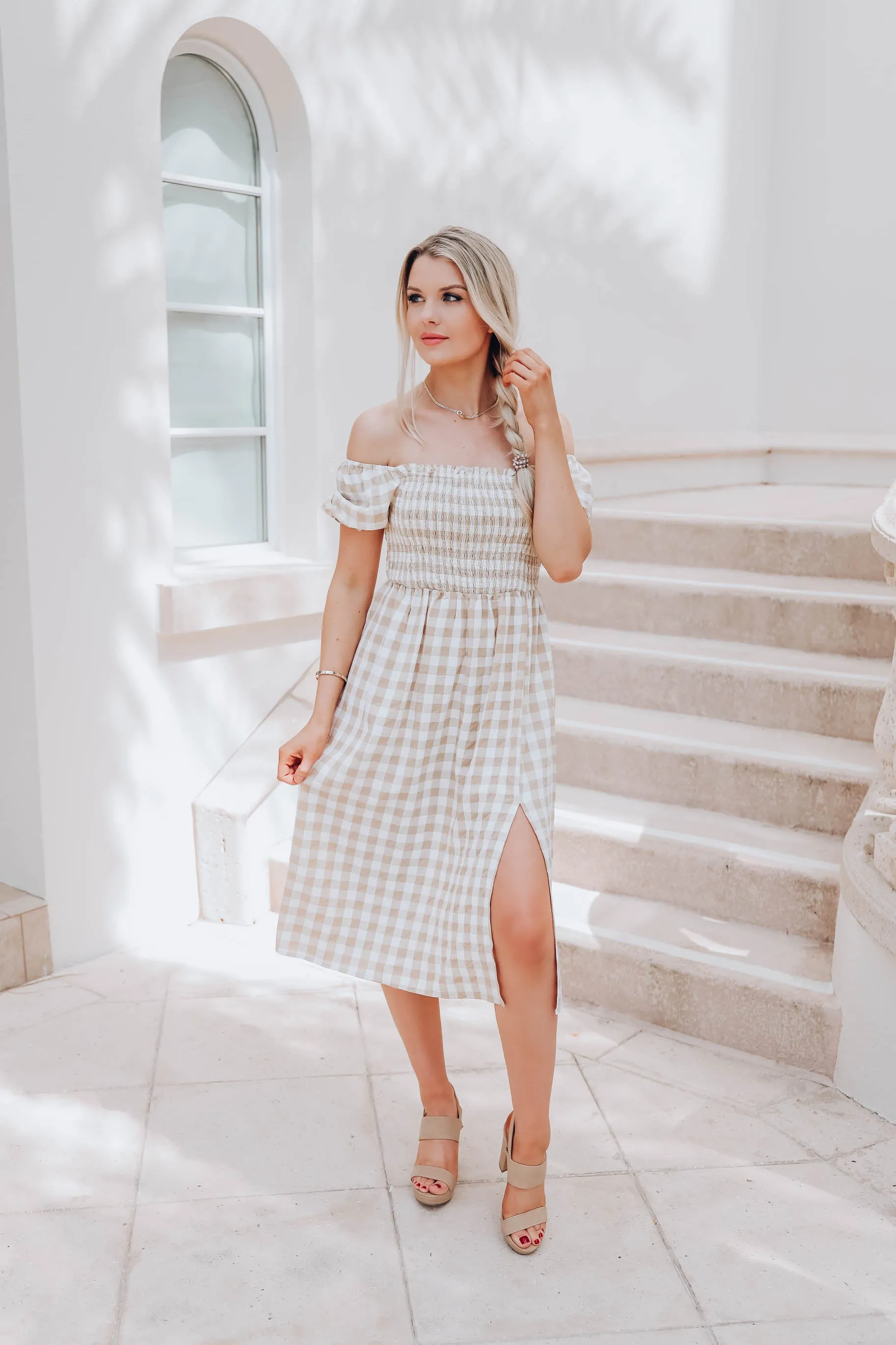 Girly Gingham Print Maxi Dress - Beige
