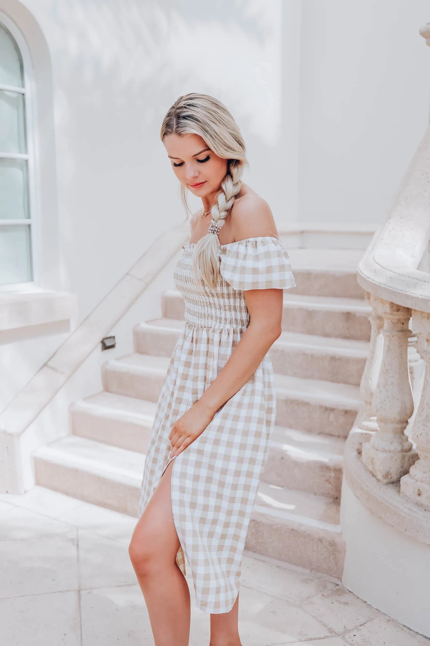 Girly Gingham Print Maxi Dress - Beige
