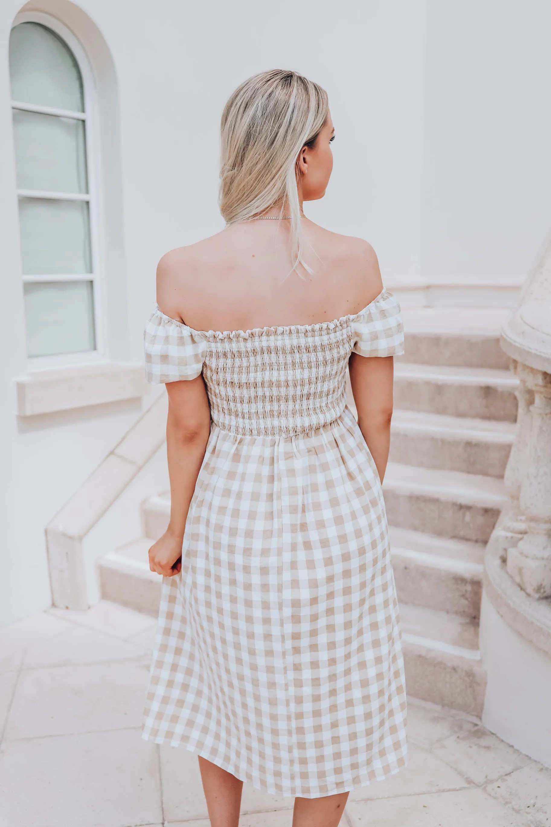 Girly Gingham Print Maxi Dress - Beige