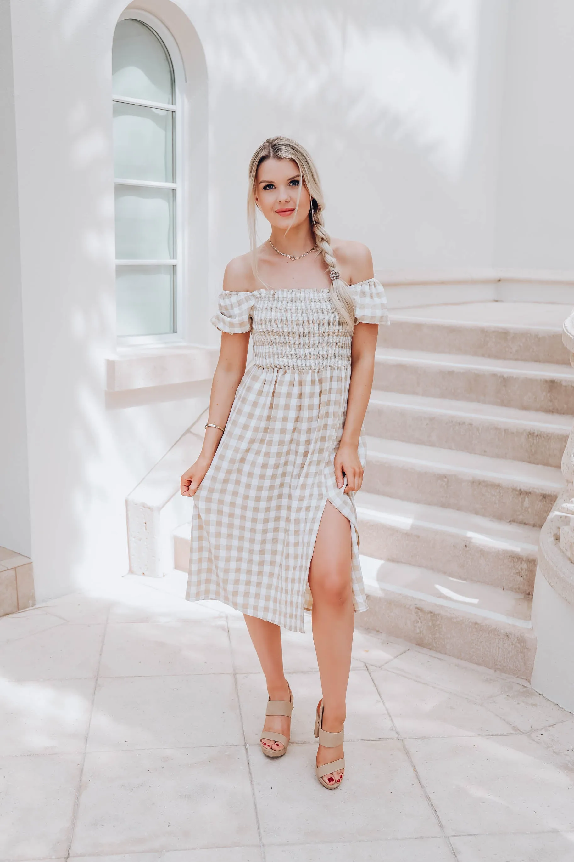 Girly Gingham Print Maxi Dress - Beige