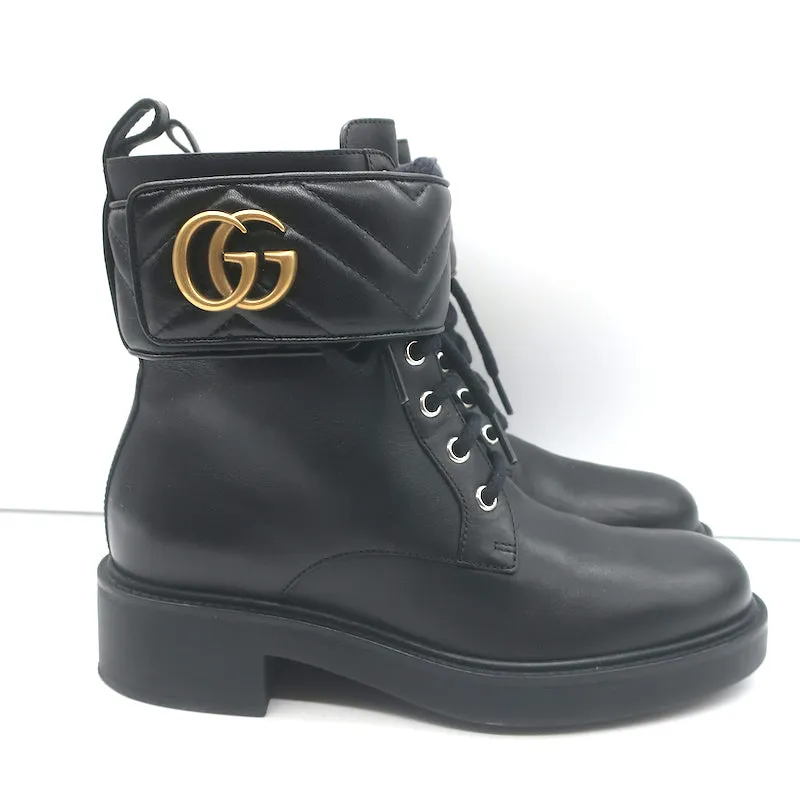 Gucci GG Marmont Combat Boots Black Leather Size 36 Lace-Up Ankle Boots