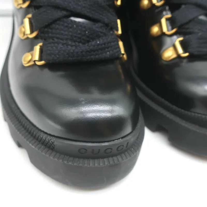 Gucci Sylvie Web Combat Boots Black Leather Size 35.5 Lace-Up Ankle Boots