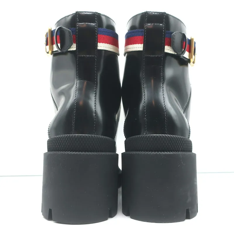 Gucci Sylvie Web Combat Boots Black Leather Size 35.5 Lace-Up Ankle Boots