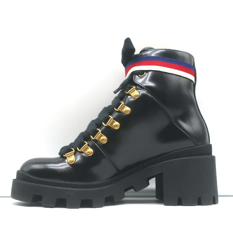 Gucci Sylvie Web Combat Boots Black Leather Size 35.5 Lace-Up Ankle Boots