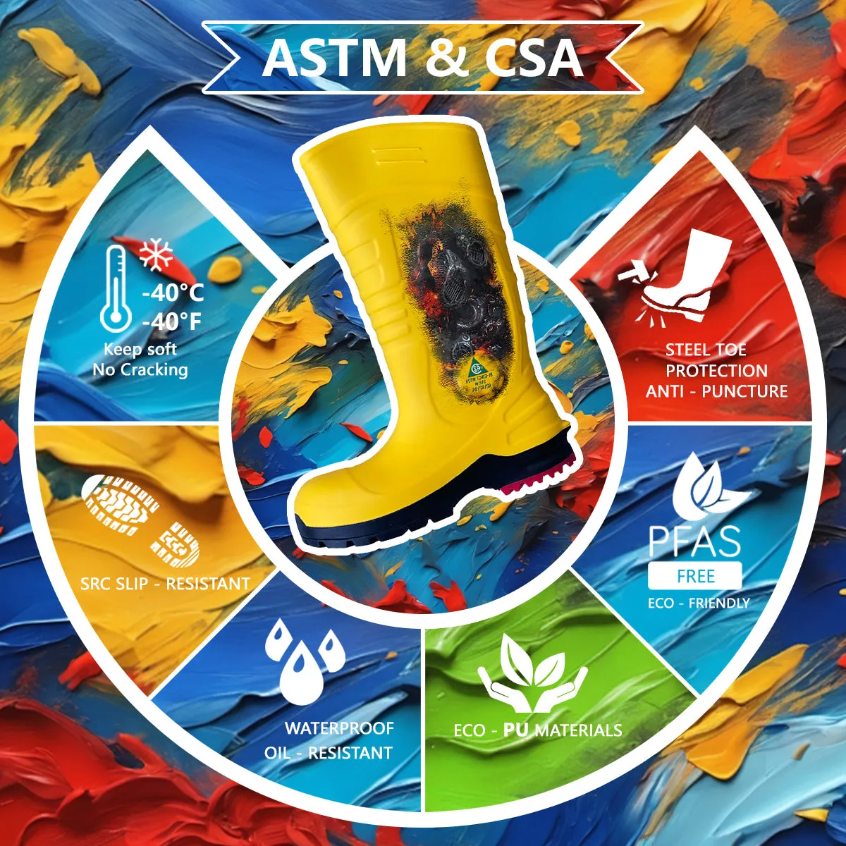 Hand-painted CSA Approved Safety Boots - Waterproof PU Steel Toe Rubber Boots ASTM F2413-18 Acid & Oil Resistant-Yellow