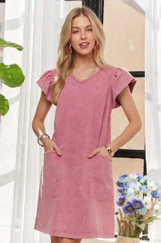 Hazel Blues® |  ADORA Mineral Washed V-Neck Ruffled Cap Sleeve Dress