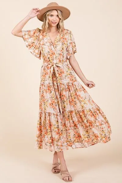 Hazel Blues® |  Mittoshop Floral Tie Waist Flutter Sleeve Tiered Dress
