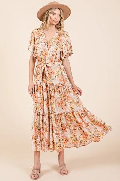 Hazel Blues® |  Mittoshop Floral Tie Waist Flutter Sleeve Tiered Dress