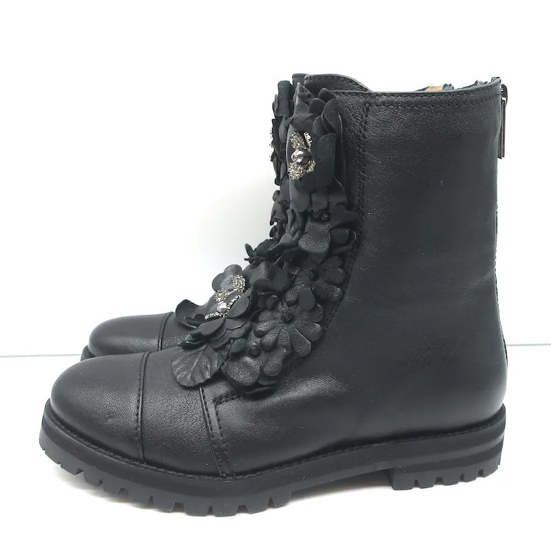 Jimmy Choo Havana Flower-Embellished Combat Boots Black Leather Size 36 NEW