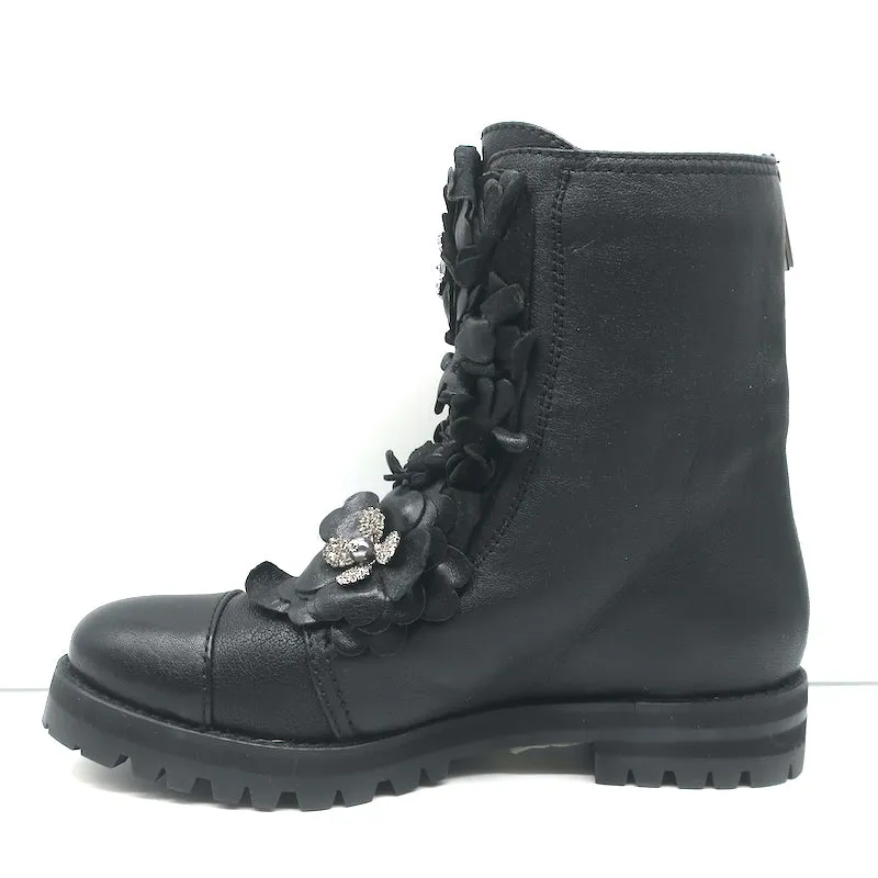Jimmy Choo Havana Flower-Embellished Combat Boots Black Leather Size 36 NEW