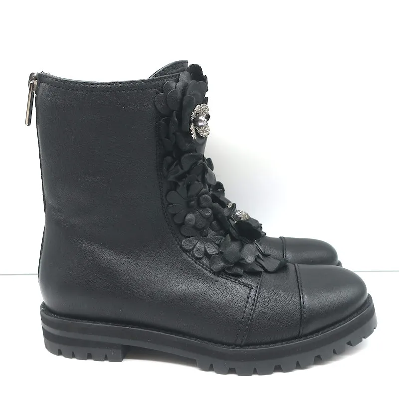 Jimmy Choo Havana Flower-Embellished Combat Boots Black Leather Size 36 NEW