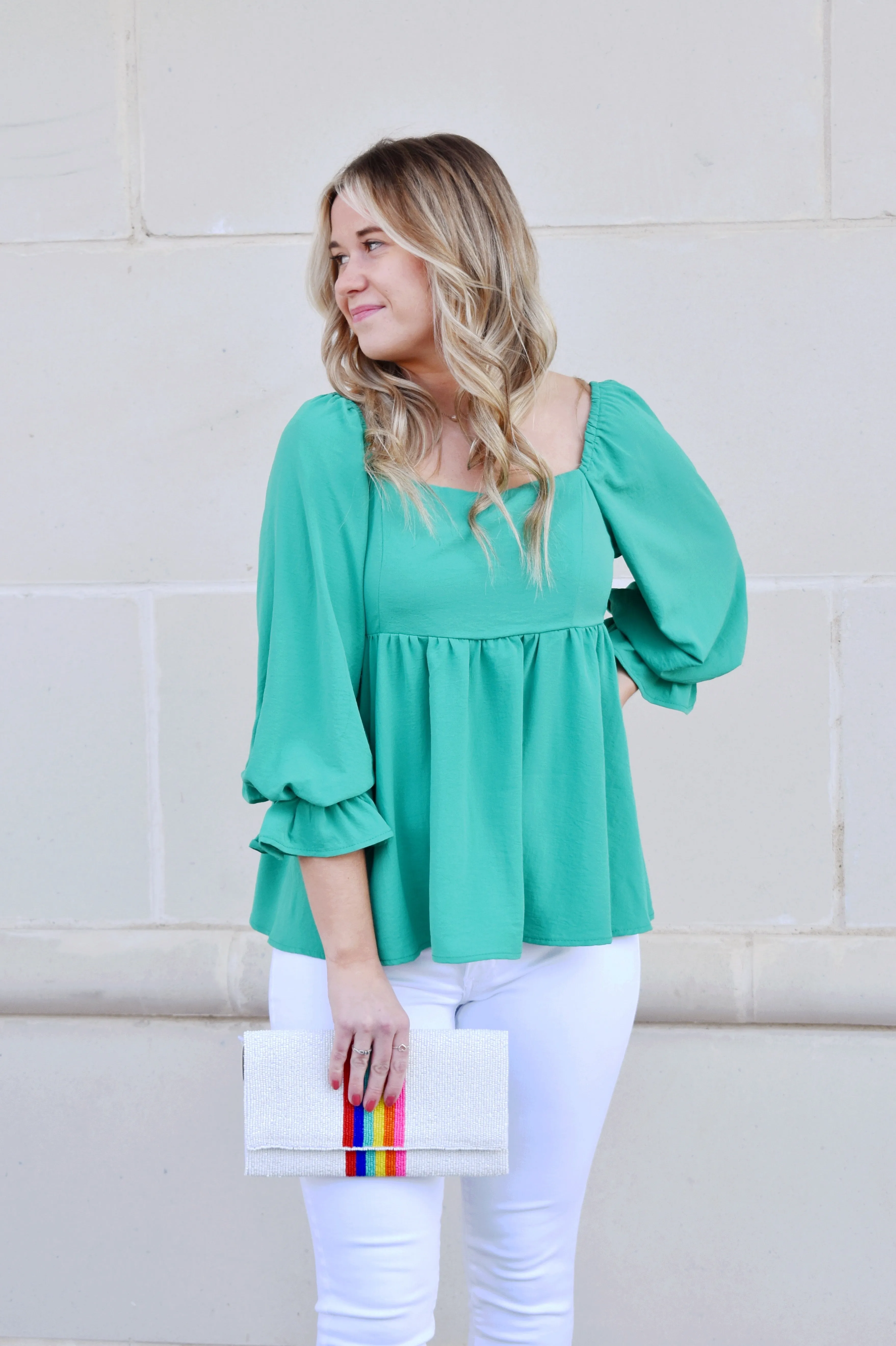 Kelly Green Square Neck Babydoll Top