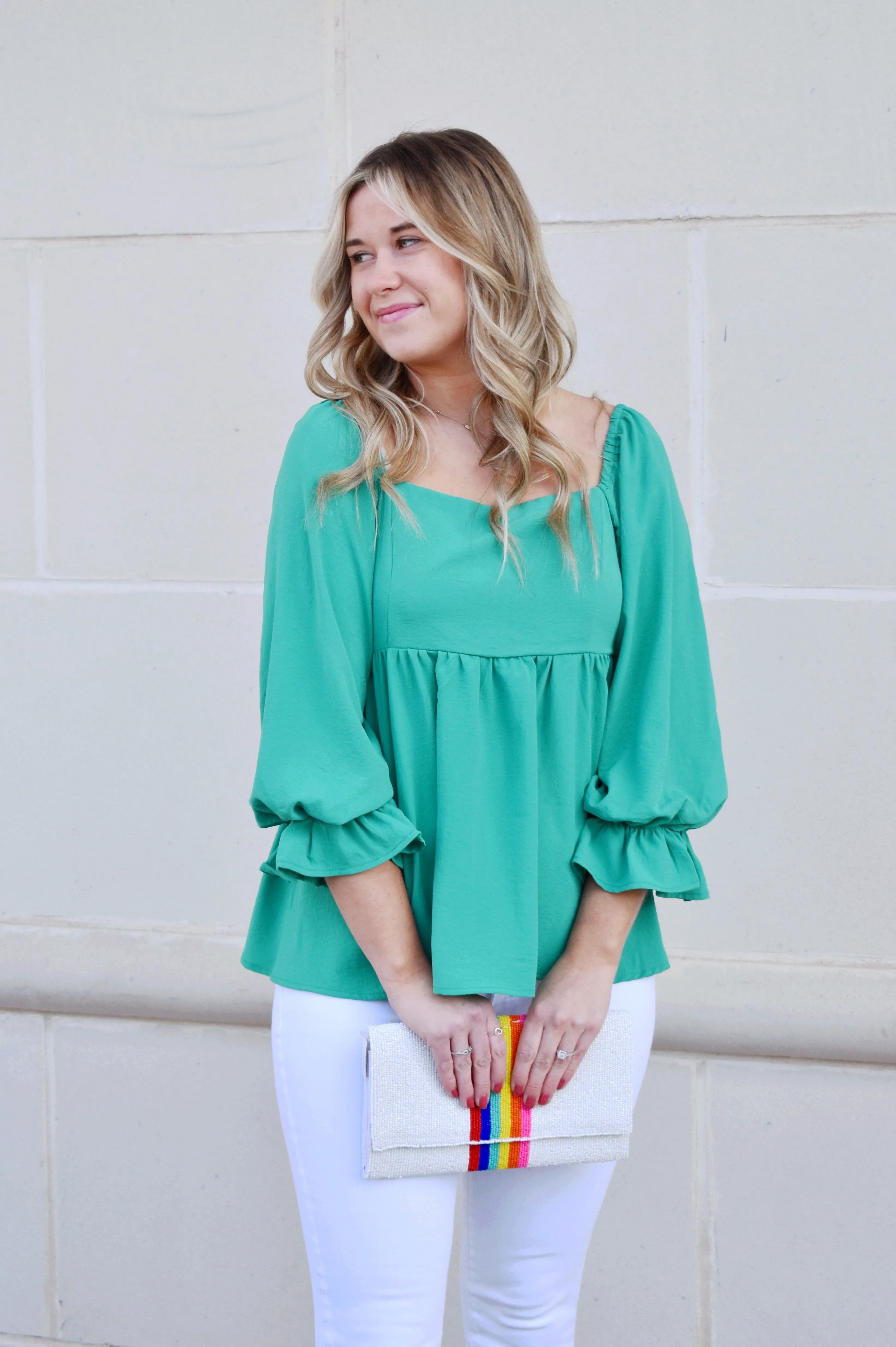 Kelly Green Square Neck Babydoll Top