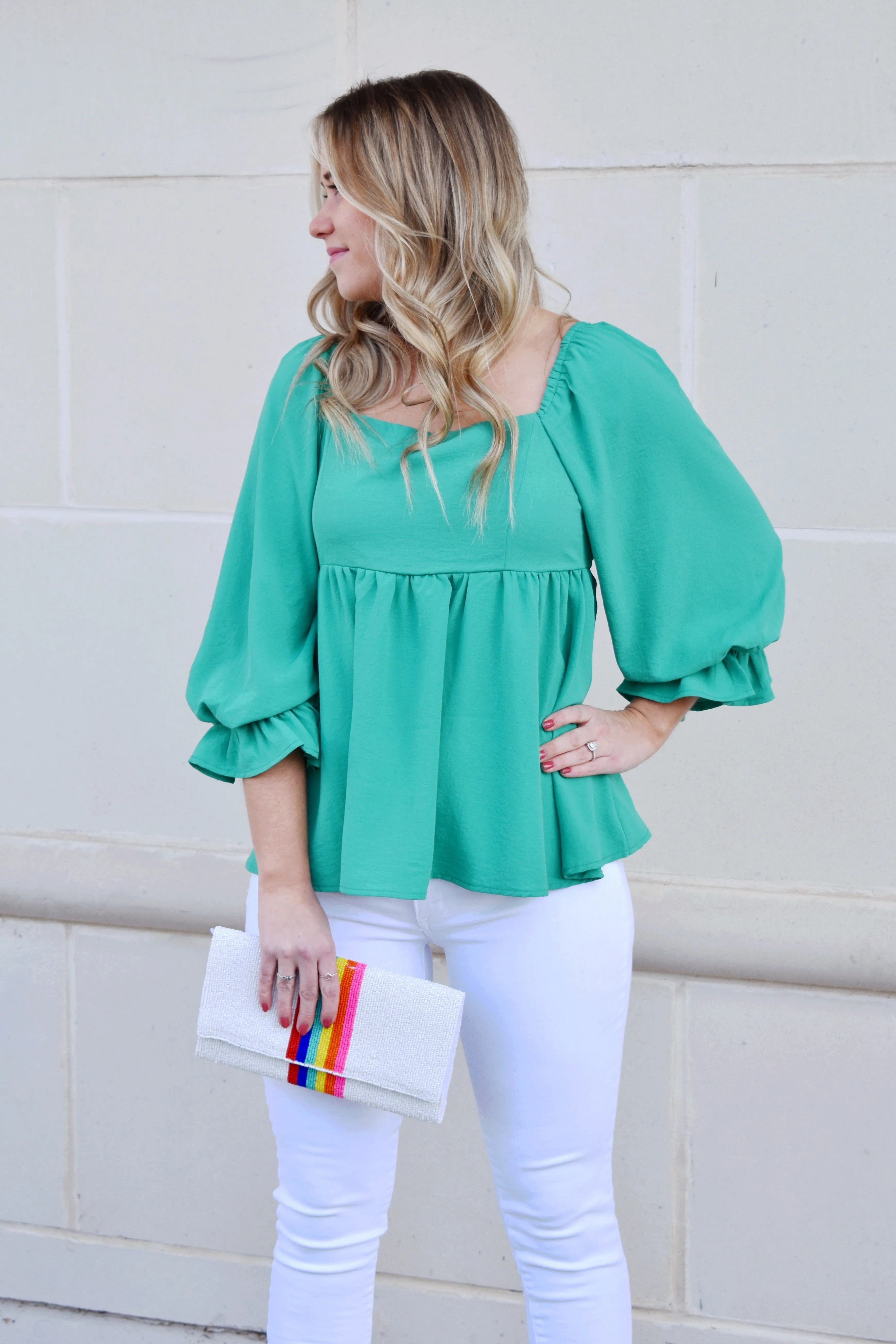 Kelly Green Square Neck Babydoll Top