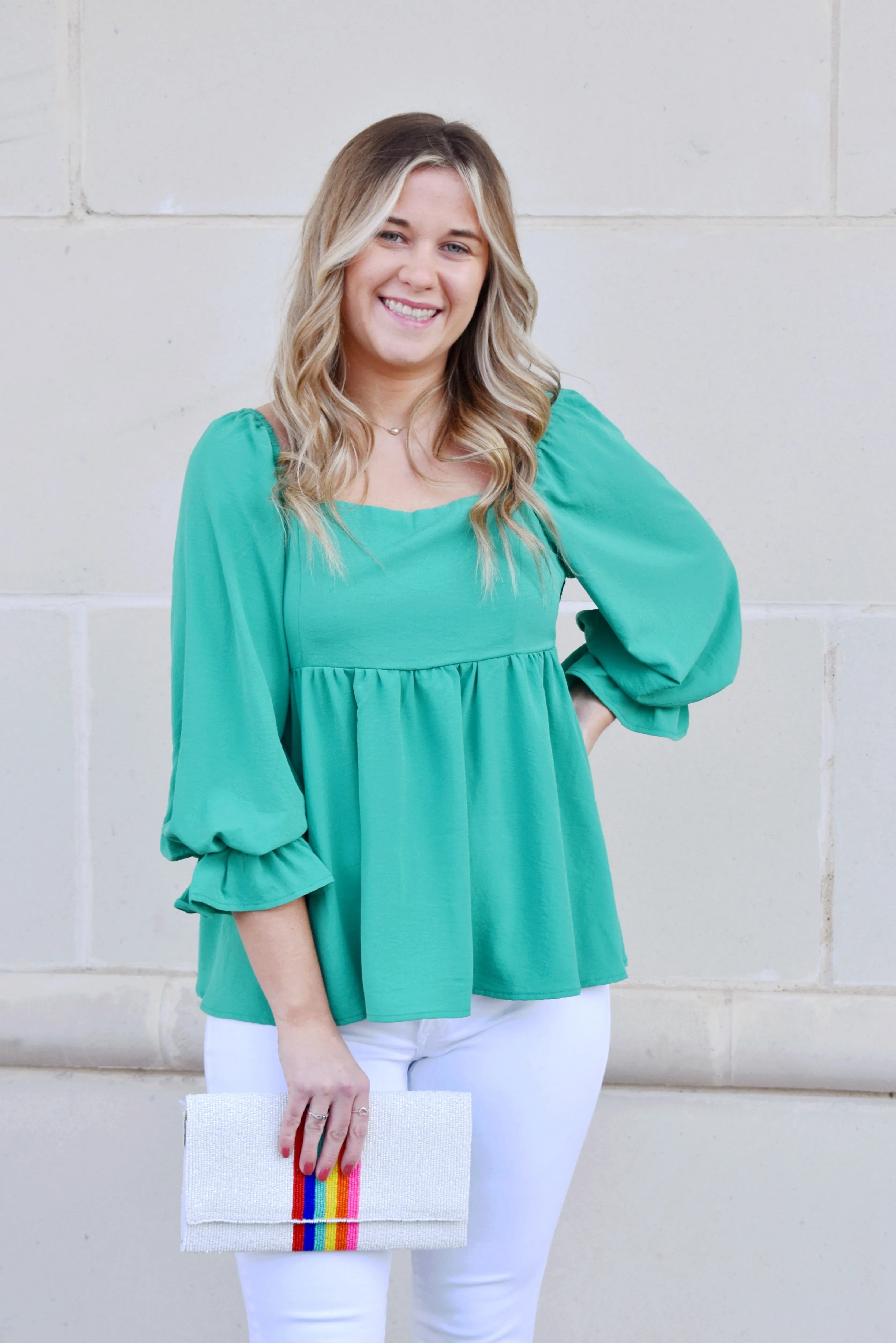 Kelly Green Square Neck Babydoll Top