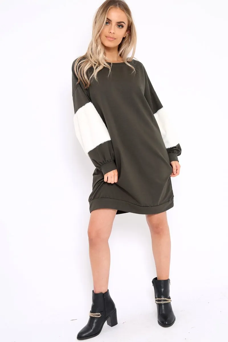 Khaki Jumper Dress with Fur Sleeves - Paris