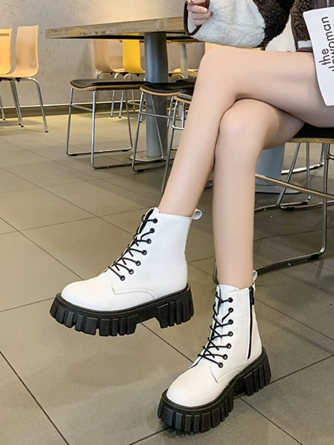 Lace-up Front Side Zipper Combat Boots - Beige