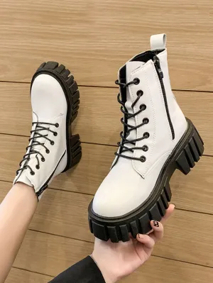 Lace-up Front Side Zipper Combat Boots - Beige