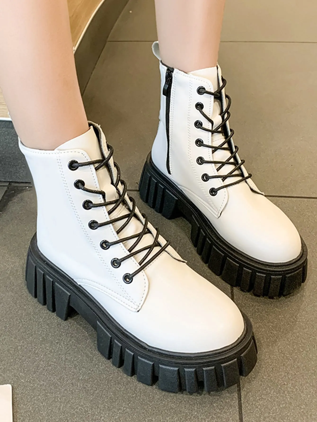 Lace-up Front Side Zipper Combat Boots - Beige