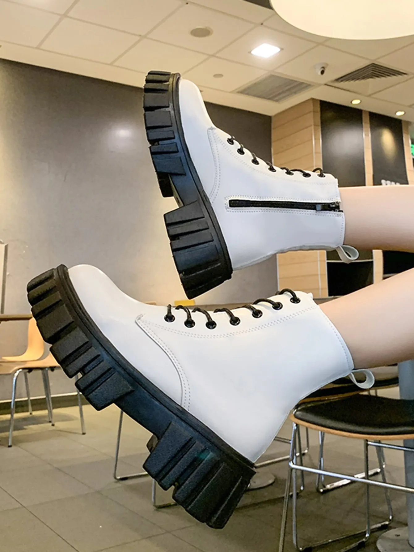 Lace-up Front Side Zipper Combat Boots - Beige