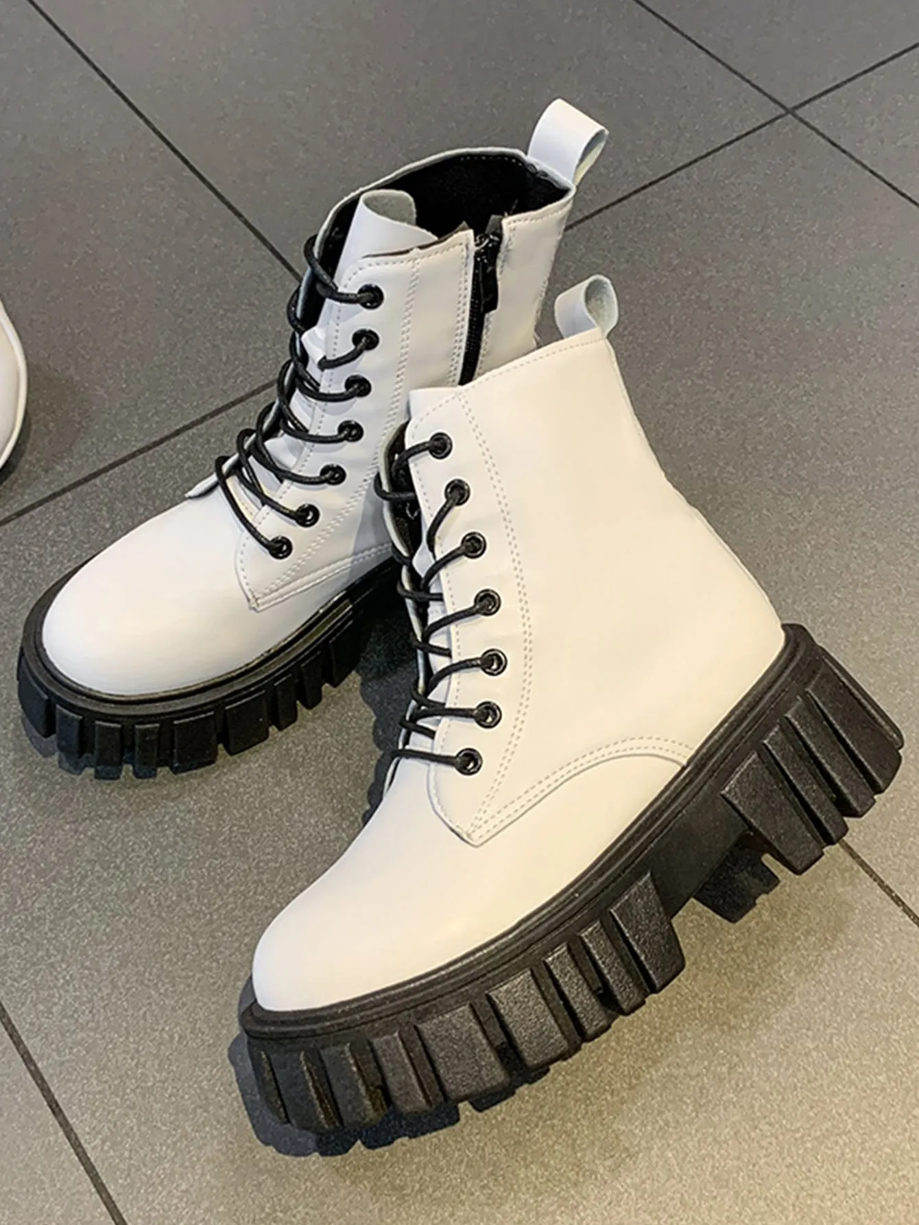 Lace-up Front Side Zipper Combat Boots - Beige