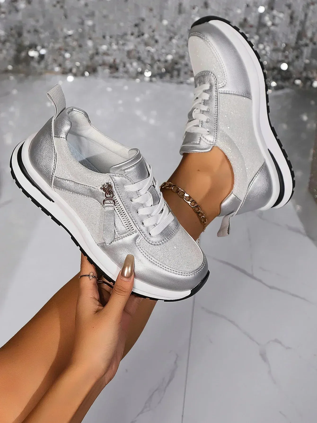 Ladies' Silver Trainers - Comfortable Sneakers with Zip Detail for Women