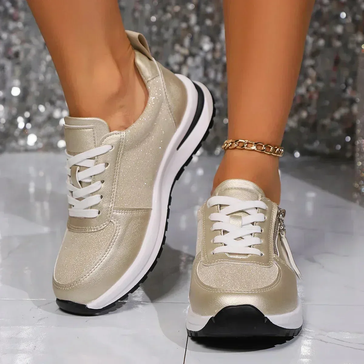 Ladies' Silver Trainers - Comfortable Sneakers with Zip Detail for Women