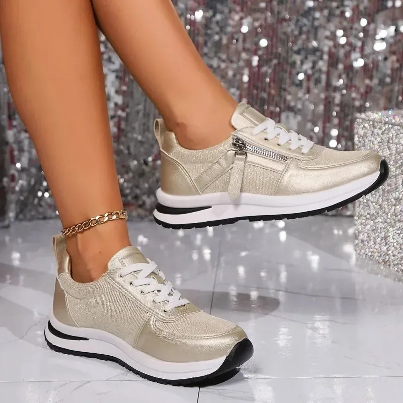 Ladies' Silver Trainers - Comfortable Sneakers with Zip Detail for Women
